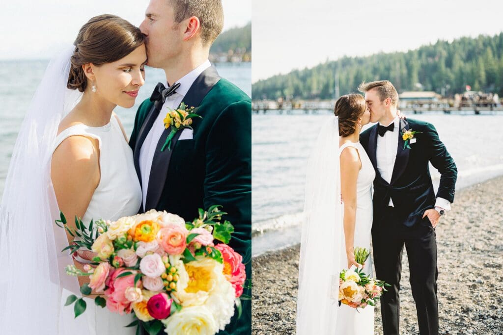 The bride and groom pose together at Gar Woods, Lake Tahoe golden hour portraits showcasing their love on their wedding day.