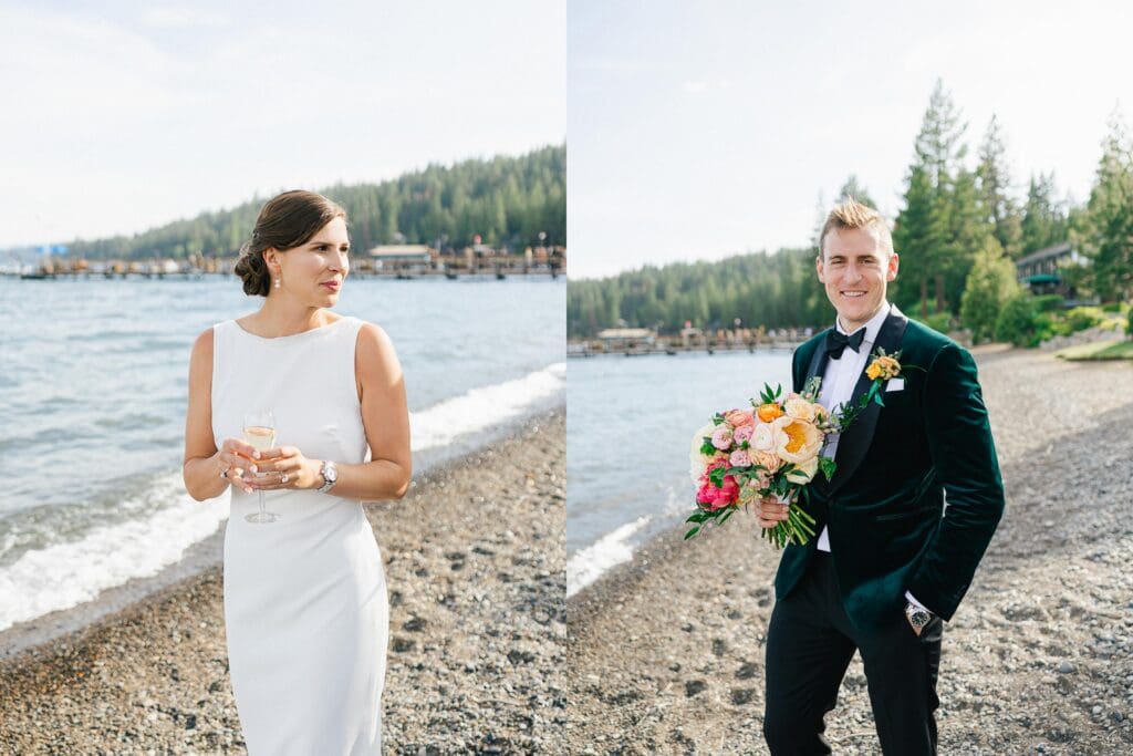 The bride and groom pose together at Gar Woods, Lake Tahoe golden hour portraits showcasing their love on their wedding day.