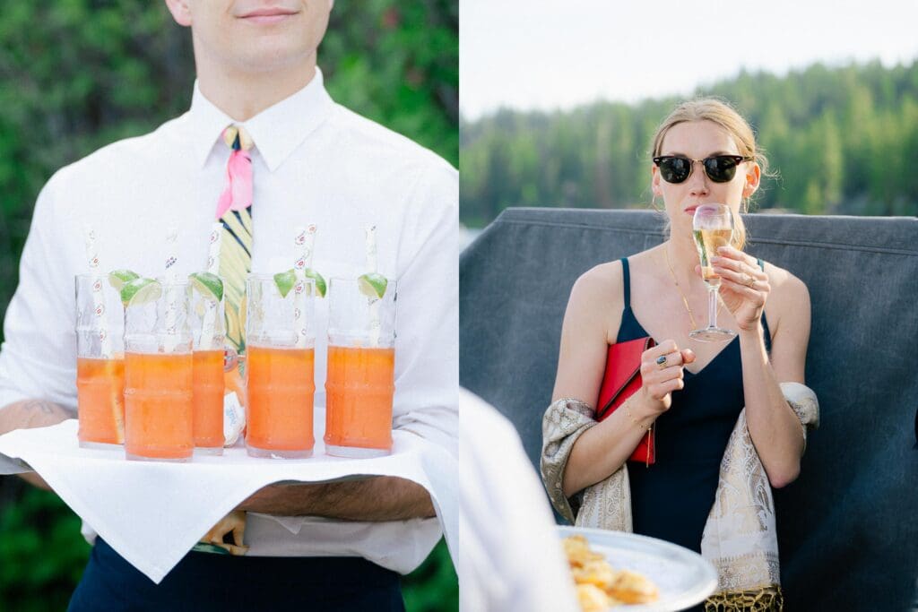 Guests pose for a photo during cocktail hour at Gar Woods Lake Tahoe Wedding