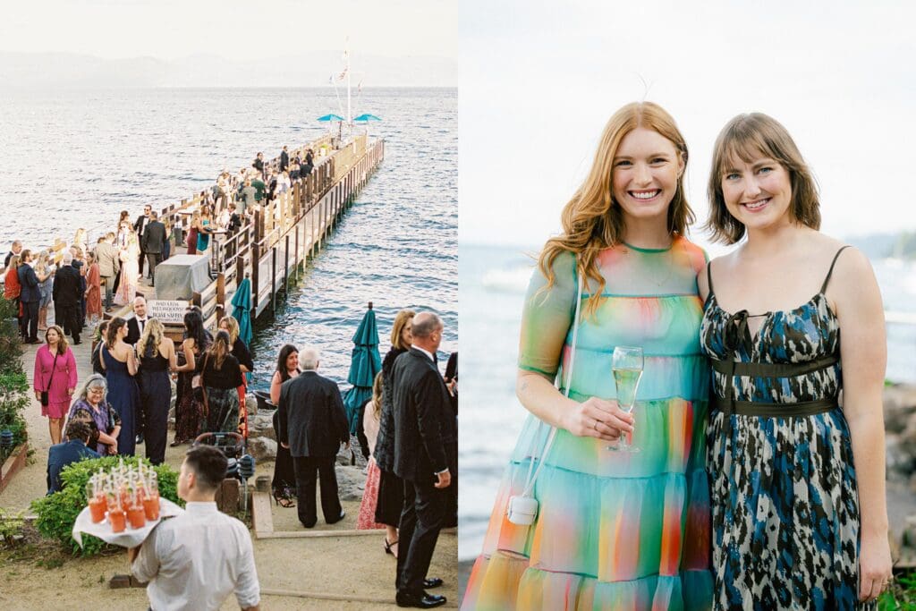 Guests pose for a photo during cocktail hour at Gar Woods Lake Tahoe Wedding