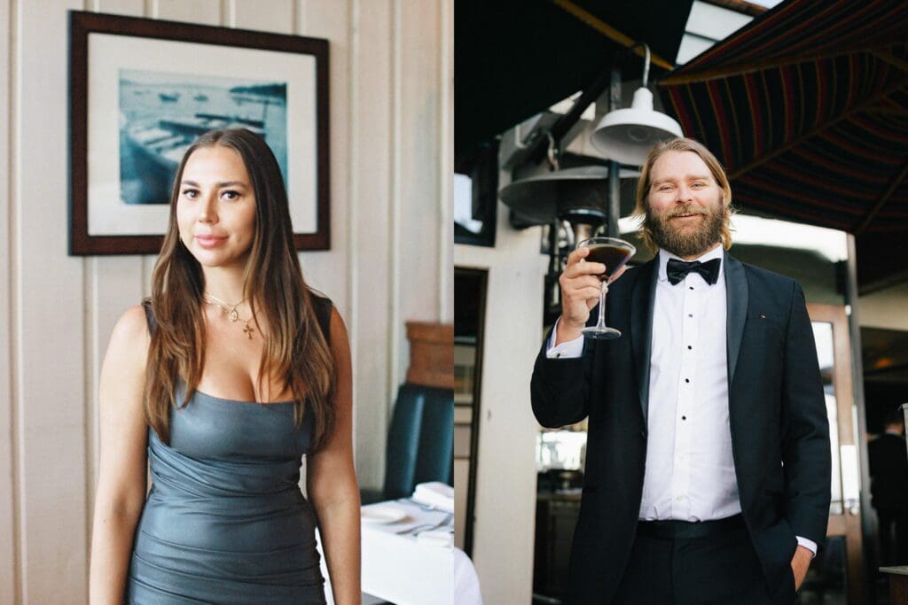 Guests pose for a photo during cocktail hour at Gar Woods Lake Tahoe Wedding