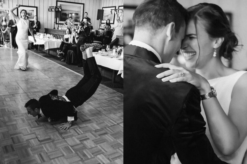 A bride and groom share their first dance at their wedding reception at Gar Woods, Lake Tahoe, surrounded by love and joy.