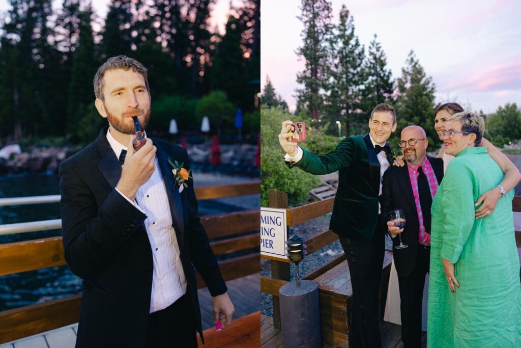 Guests pose for a photo during cocktail hour at Gar Woods Lake Tahoe Wedding