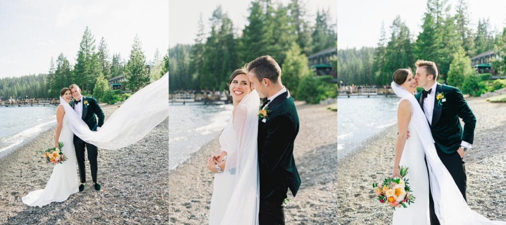 The bride and groom pose together at Gar Woods, Lake Tahoe golden hour portraits showcasing their love on their wedding day.