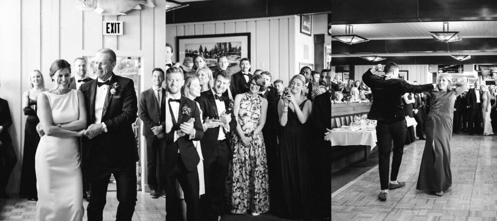 A bride and groom share their first dance at their wedding reception at Gar Woods, Lake Tahoe, surrounded by love and joy.