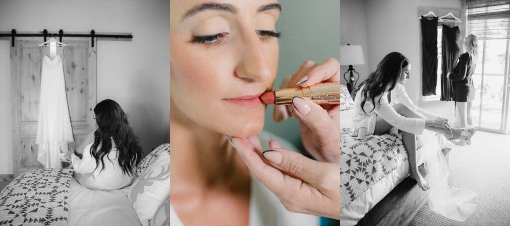 A joyful bride in her wedding attire, getting ready, filled with excitement and elegance. 