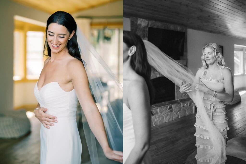 A joyful bride in her wedding attire, getting ready at Gar Woods, Lake Tahoe, filled with excitement and elegance. 