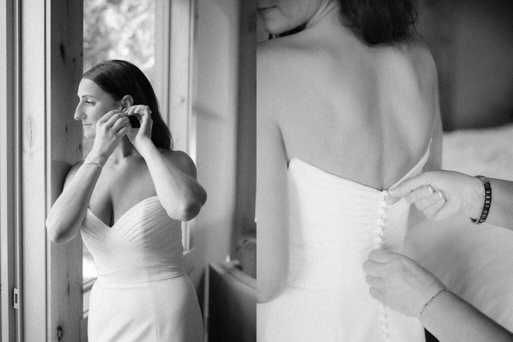 A joyful bride in her wedding attire, getting ready, filled with excitement and elegance. 