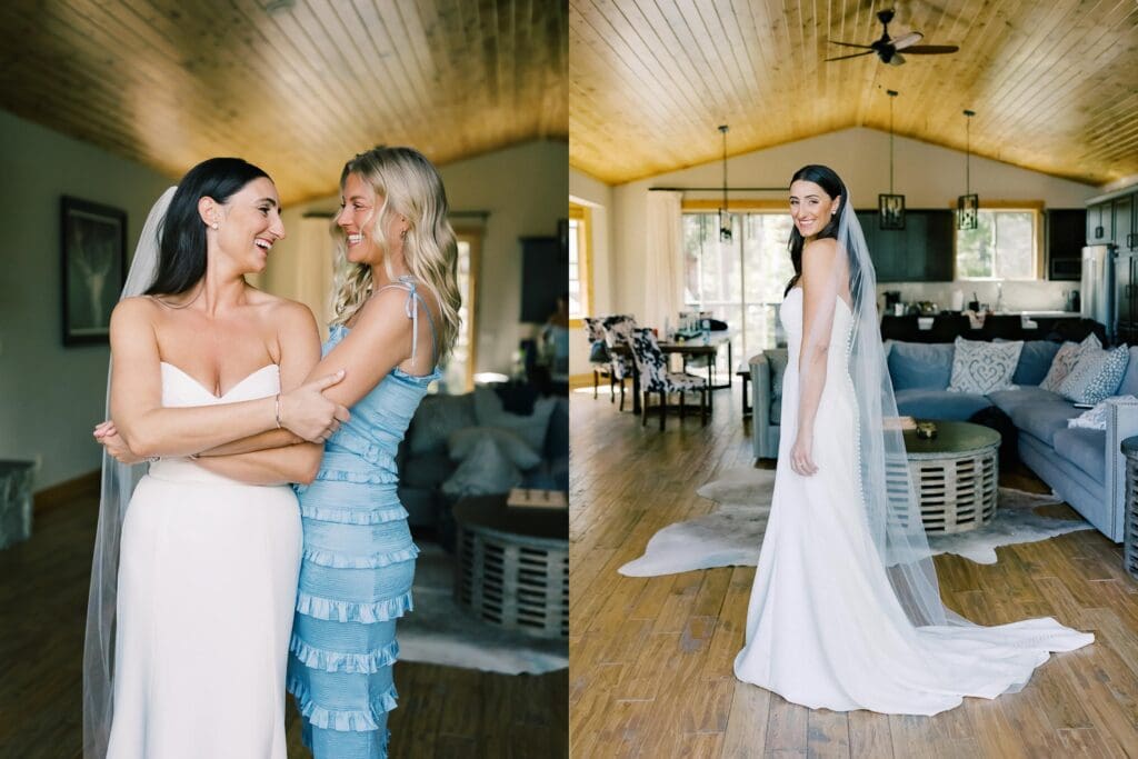 A beautiful bride in a white gown and veil poses gracefully at Gar Woods, Lake Tahoe, radiating joy.