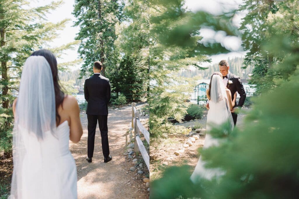 A bride and groom share a heartfelt first look in front of Gar Woods Grill & Pier wedding venue in Lake Tahoe.