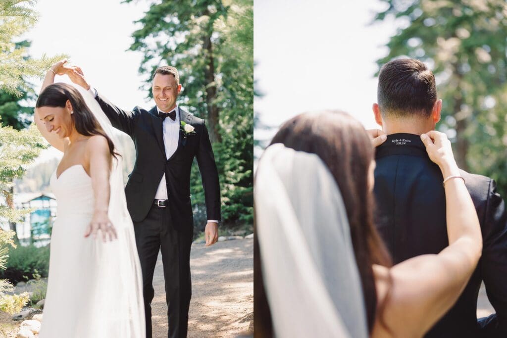 A bride and groom share a heartfelt first look in front of Gar Woods Grill & Pier wedding venue in Lake Tahoe.