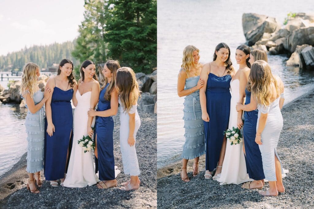 A stunning beach photo of bride and bridesmaids in blue dresses, radiating happiness at Gar Woods Lake Tahoe wedding.