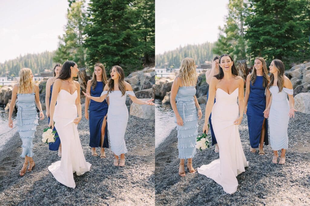 A stunning beach photo of bride and bridesmaids in blue dresses, radiating happiness at Gar Woods Lake Tahoe wedding.