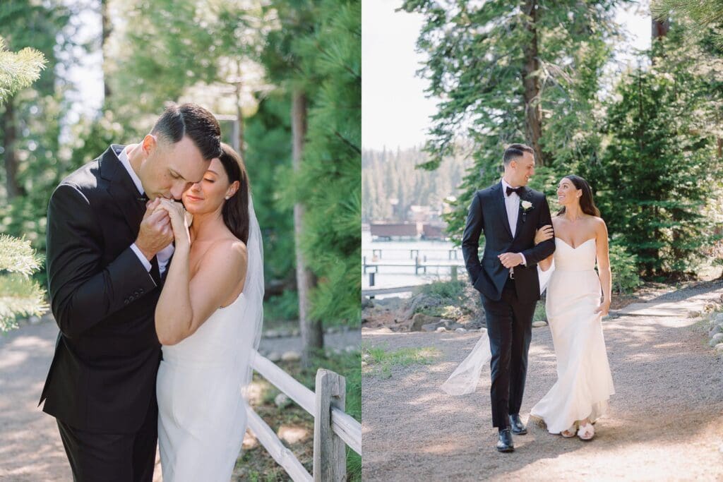 A wedding photographer captures stunning bride and groom portraits at Gar Woods, Lake Tahoe, showcasing love and elegance.