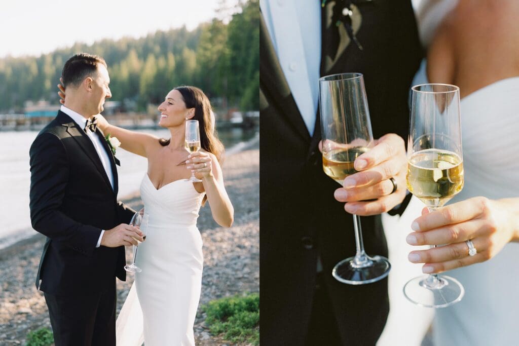 Captivating bride and groom drinking champagne at Gar Woods, Lake Tahoe, highlighting their love against a breathtaking lakeside backdrop.