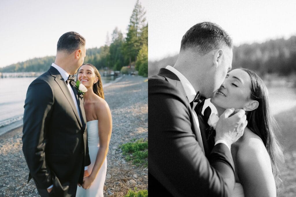 Captivating bride and groom portraits at Gar Woods, Lake Tahoe, highlighting their love against a breathtaking lakeside backdrop.