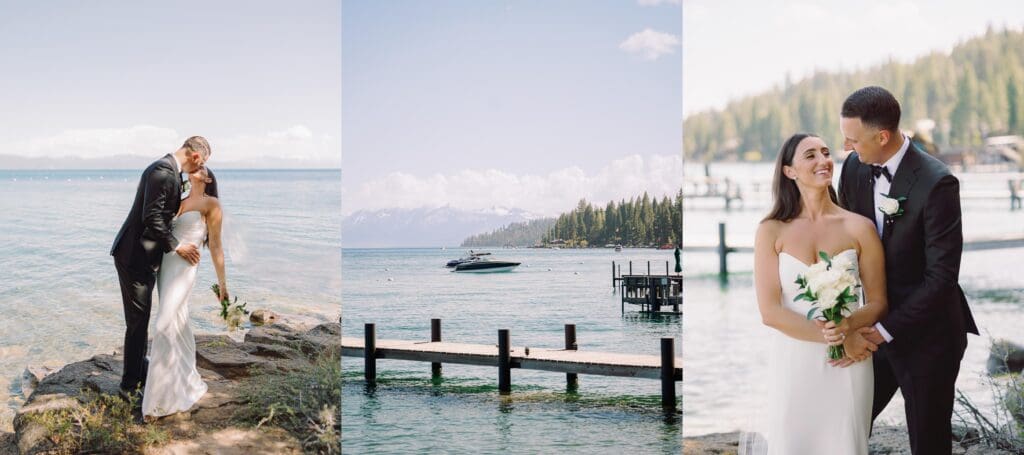 A wedding photographer captures stunning bride and groom portraits at Gar Woods, Lake Tahoe, showcasing love and elegance.