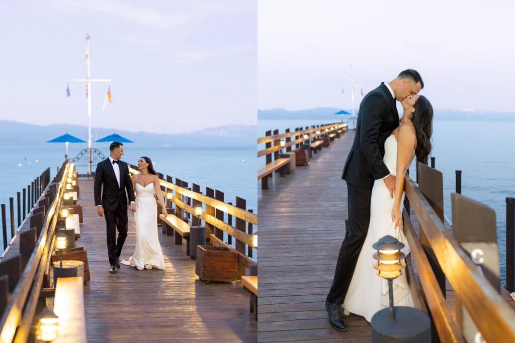 At sunset, a bride and groom kiss on the dock, celebrating their love during a beautiful Gar Woods Lake Tahoe wedding.