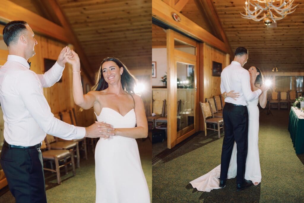 Bride and groom first dance at Gar Woods Lake Tahoe wedding 