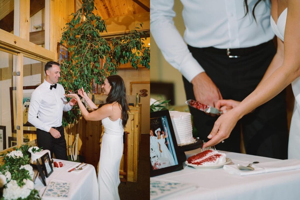 Cake cutting at Gar Woods Lake Tahoe wedding 