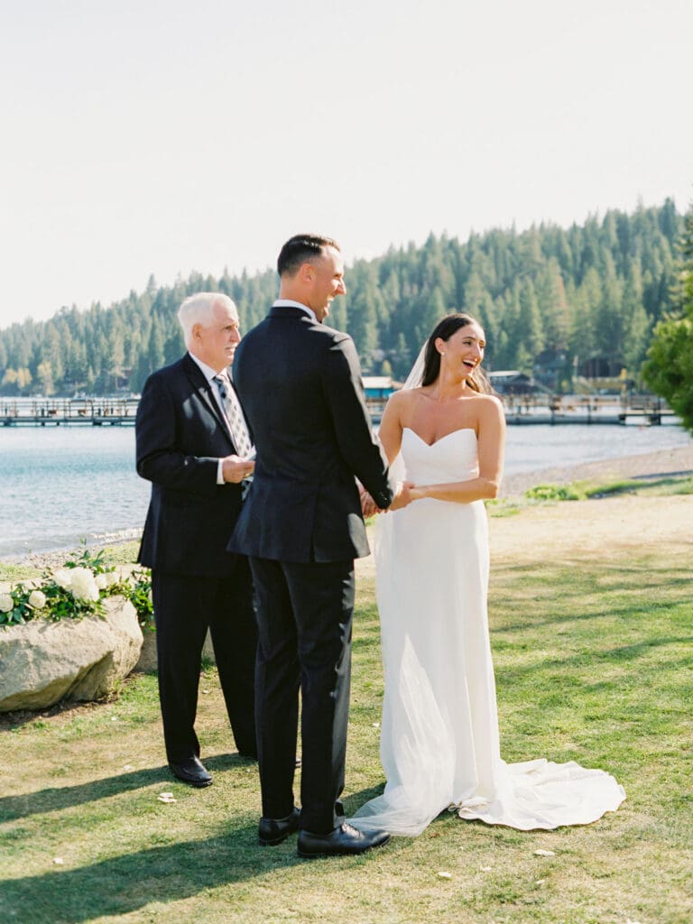 A picturesque wedding ceremony at Gar Woods, Lake Tahoe each, captured by a professional Lake Tahoe wedding photographer, showcasing love and nature.