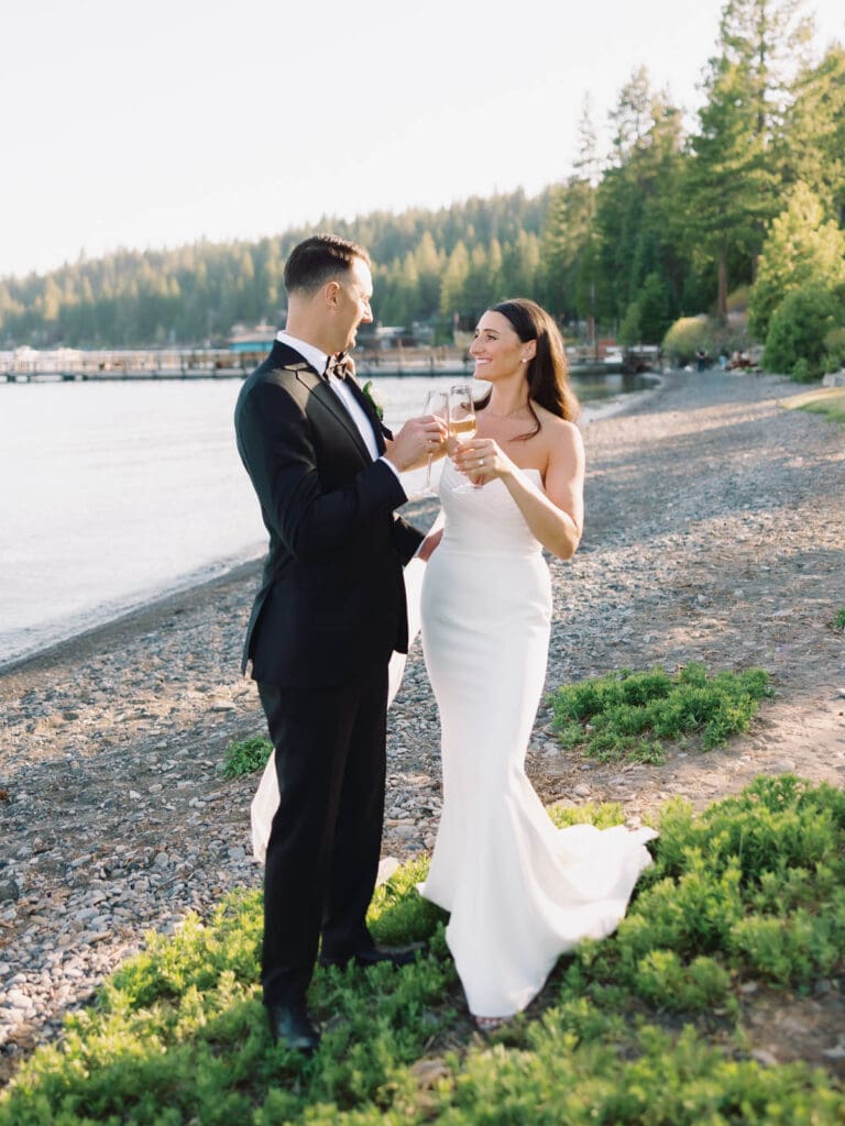 Captivating bride and groom portraits at Gar Woods, Lake Tahoe, highlighting their love against a breathtaking lakeside backdrop.