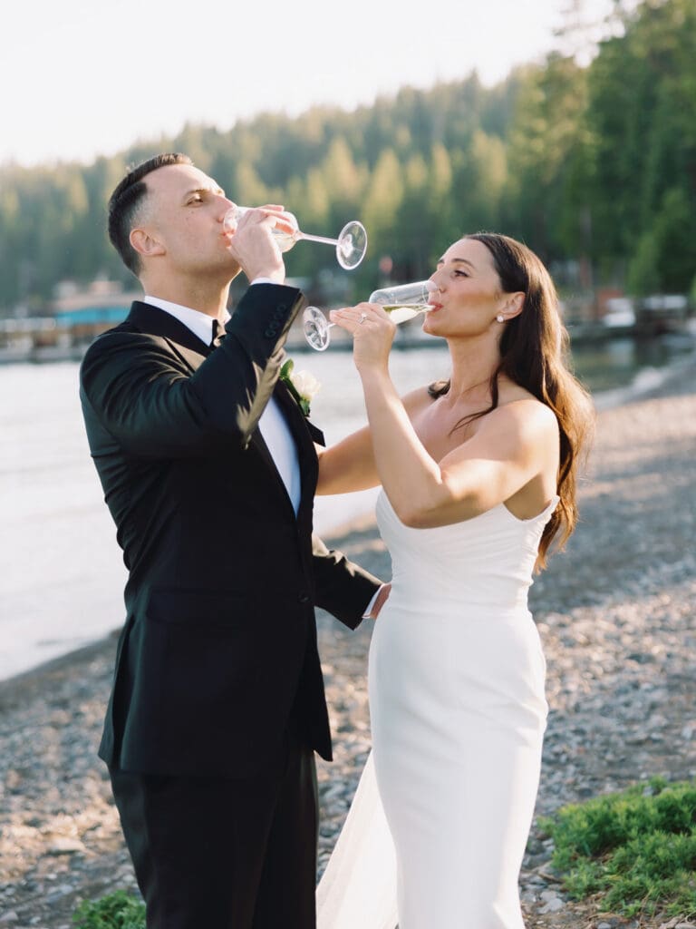 Captivating bride and groom portraits at Gar Woods, Lake Tahoe, highlighting their love against a breathtaking lakeside backdrop.