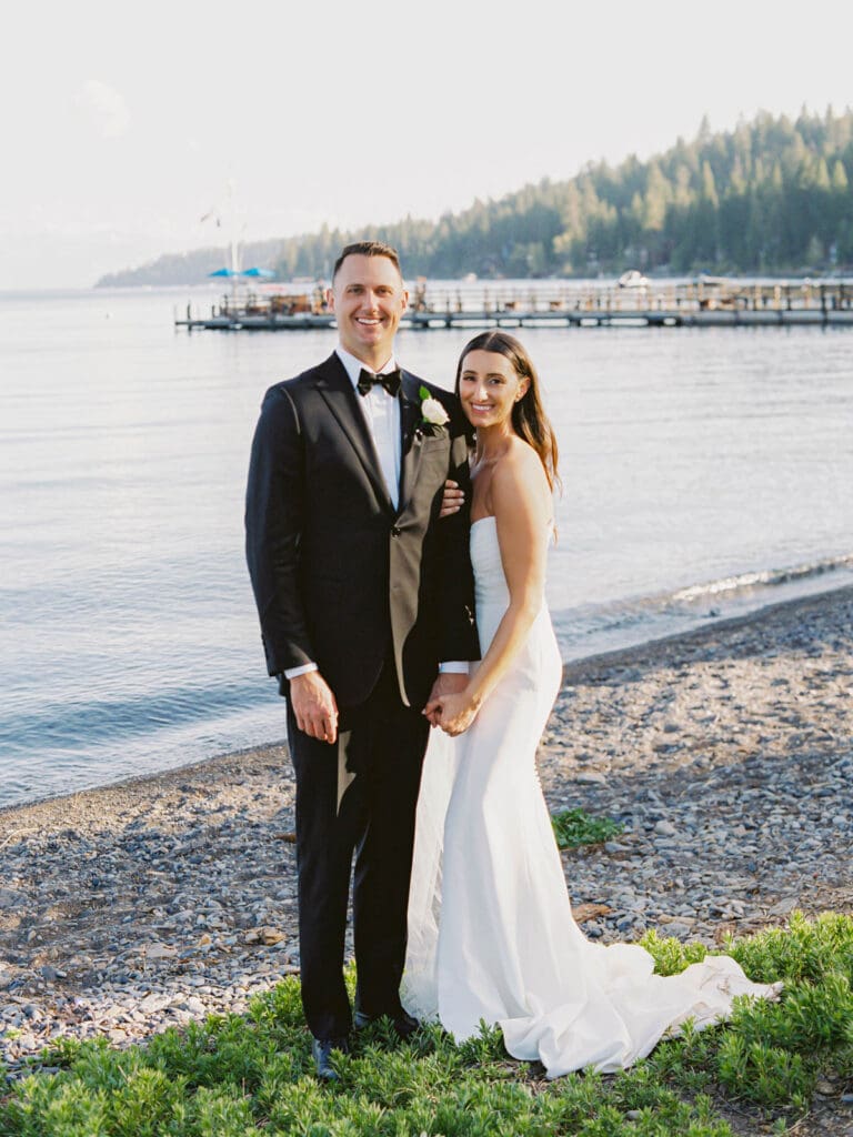 A wedding photographer captures stunning bride and groom portraits at Gar Woods, Lake Tahoe, showcasing love and elegance.