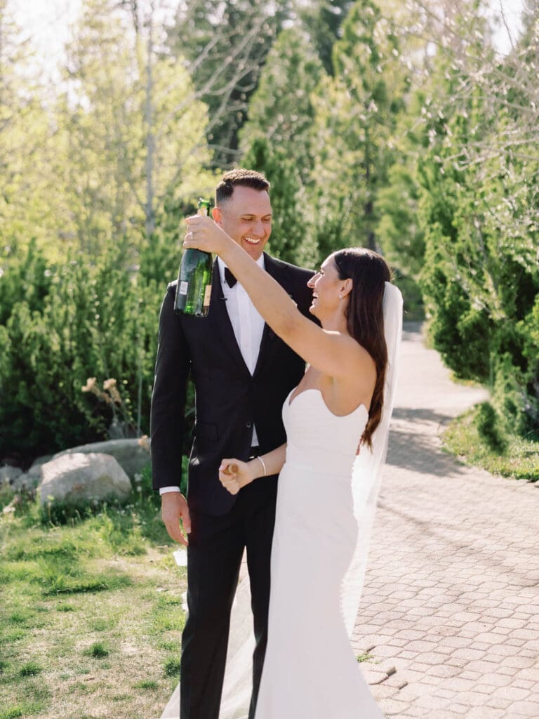 A wedding photographer captures stunning bride and groom portraits at Gar Woods, Lake Tahoe, showcasing love and elegance.