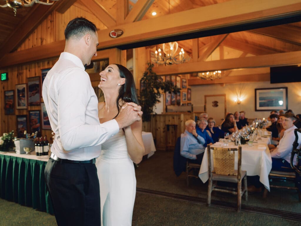 Bride and groom first dance at Gar Woods Lake Tahoe wedding 