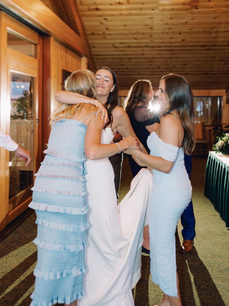 Reception dances at Gar Woods Lake Tahoe wedding 