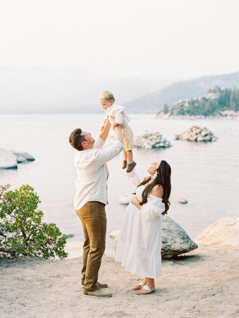 Family photo on the beach in Lake Tahoe