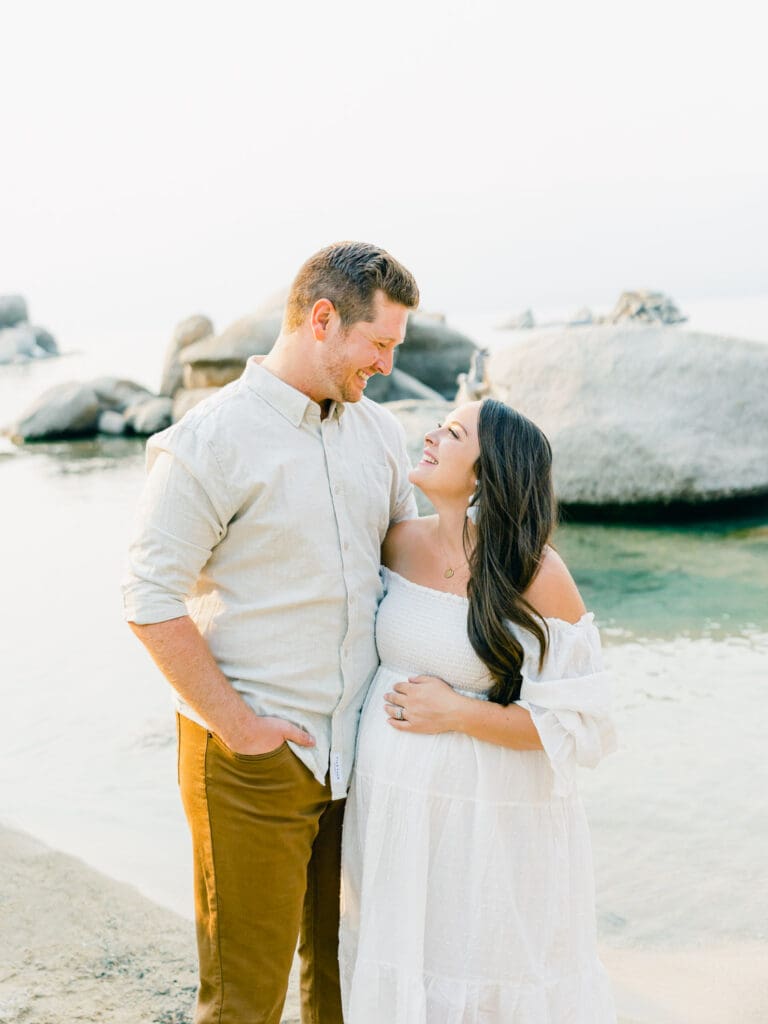 Lake Tahoe Maternity photography, highlighting the elegance of an expectant mother amidst breathtaking Tahoe lake and mountain scenery.