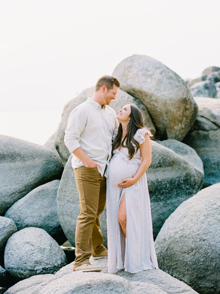 Lake Tahoe Maternity photography, highlighting the elegance of an expectant mother amidst breathtaking Tahoe lake and mountain scenery.