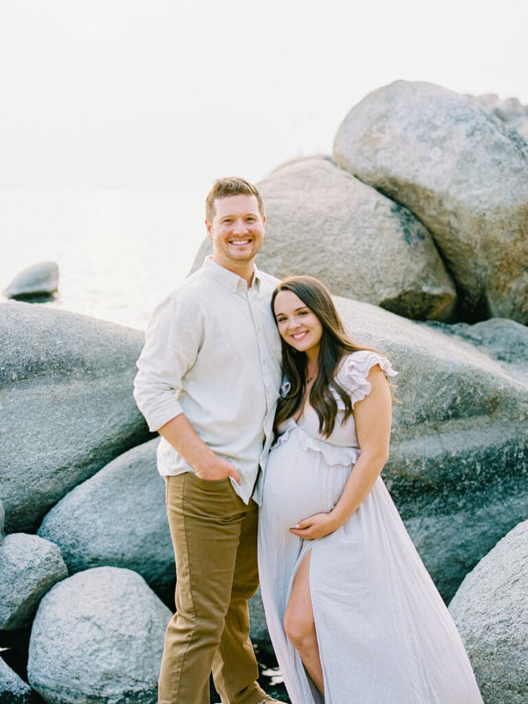 Lake Tahoe Maternity photography, highlighting the elegance of an expectant mother amidst breathtaking Tahoe lake and mountain scenery.