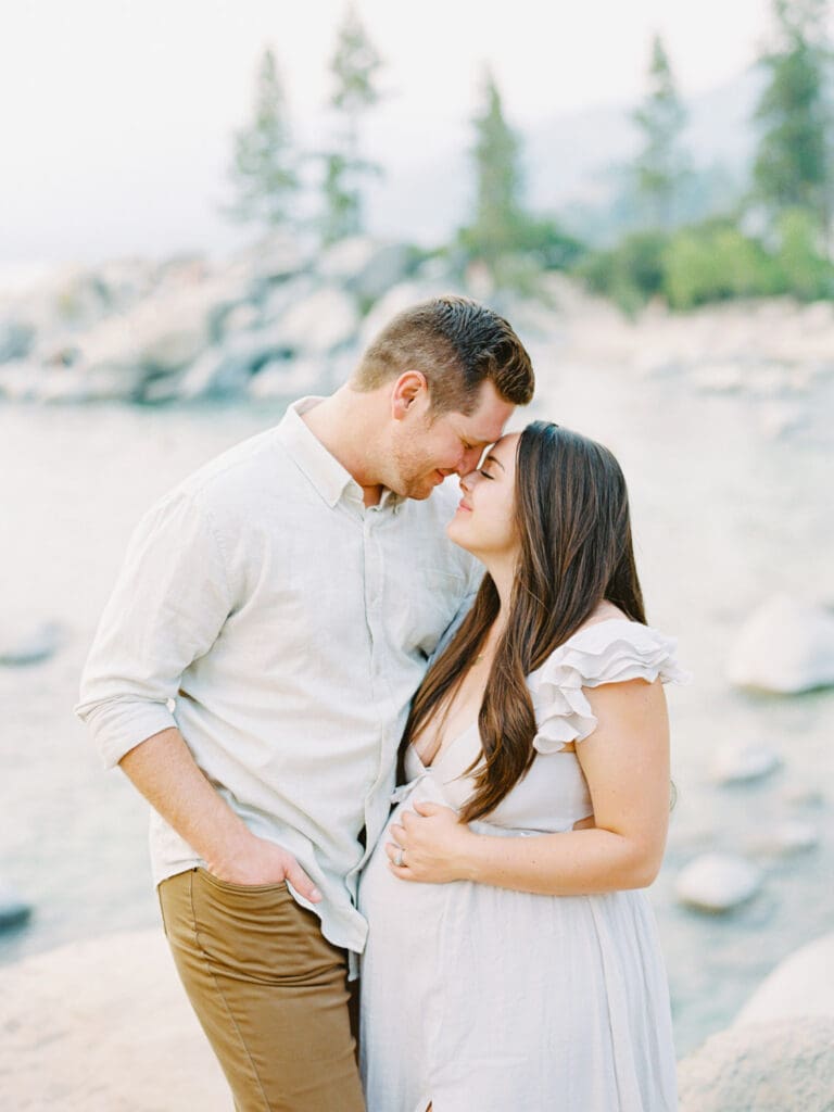 Lake Tahoe Maternity photography, highlighting the elegance of an expectant mother amidst breathtaking Tahoe lake and mountain scenery.