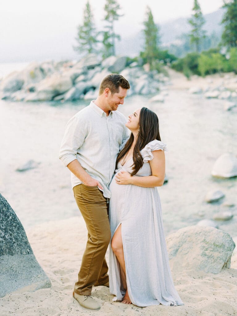 Lake Tahoe Maternity photography, highlighting the elegance of an expectant mother amidst breathtaking Tahoe lake and mountain scenery.