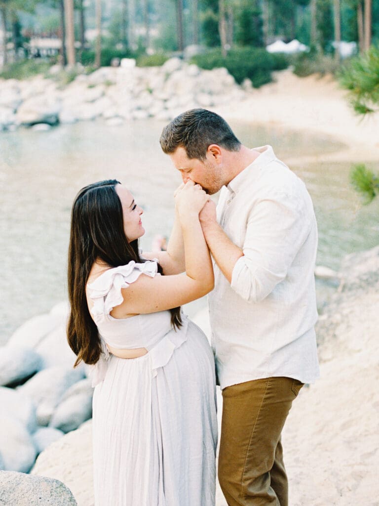 Lake Tahoe Maternity photography, highlighting the elegance of an expectant mother amidst breathtaking Tahoe lake and mountain scenery.