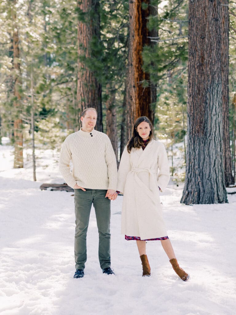 A photo of a couple at Lake Tahoe Winter Engagement Shoot