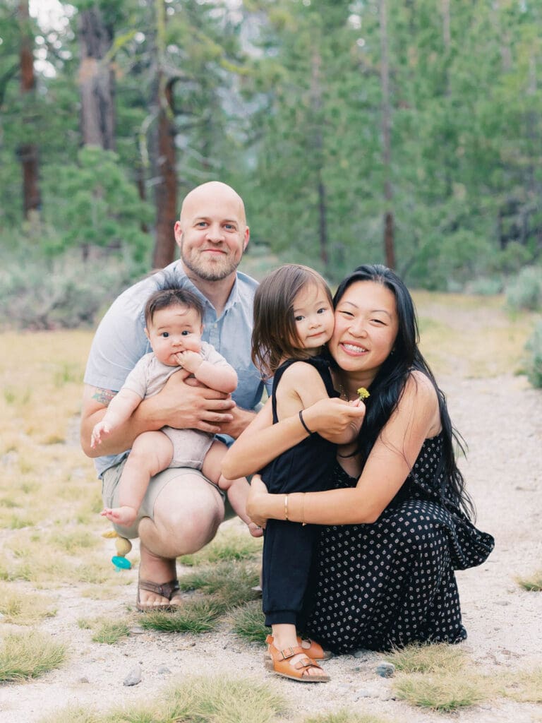 Family photo in the woods by Lake Tahoe film family photographer 