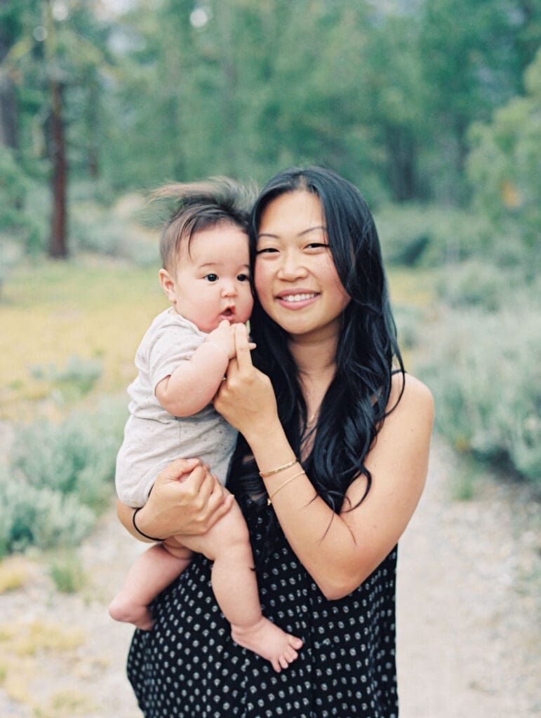 Fun family photo session in Tahoe woods by Lake Tahoe film family photographer 