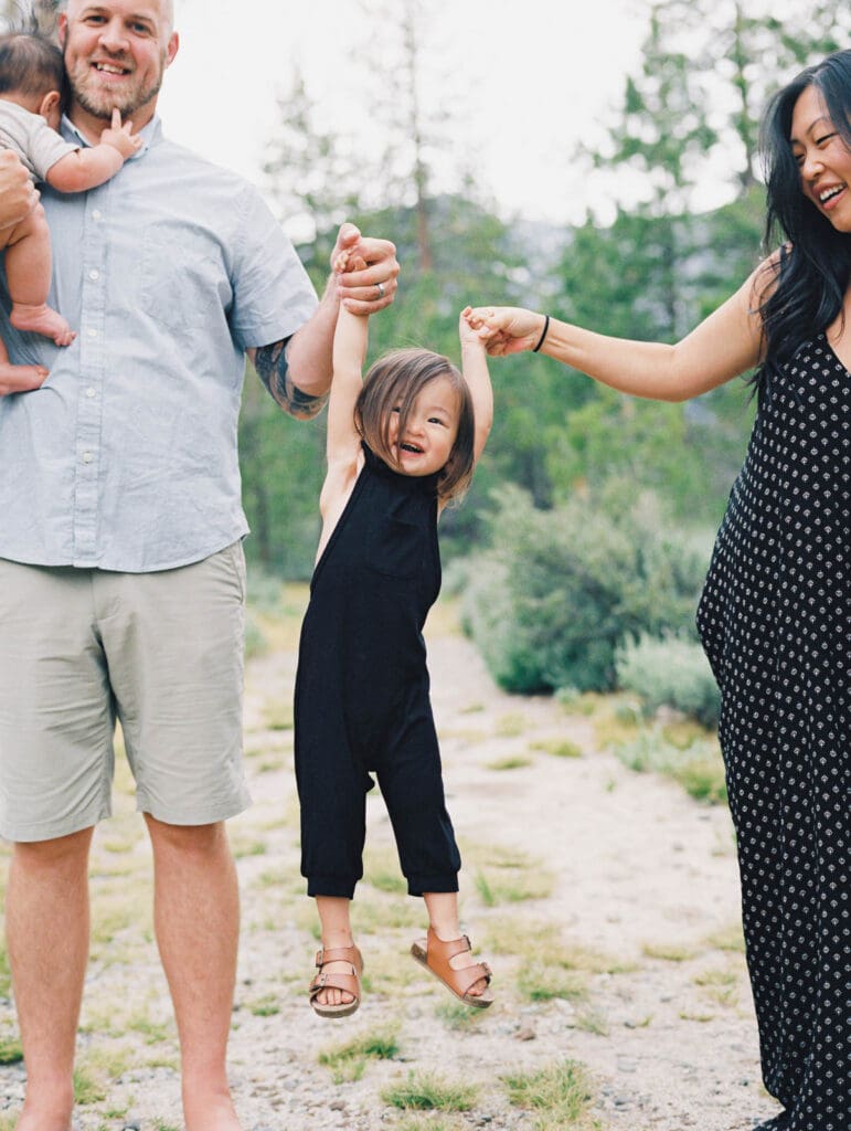 Fun family photo session in Tahoe woods by Lake Tahoe film family photographer 