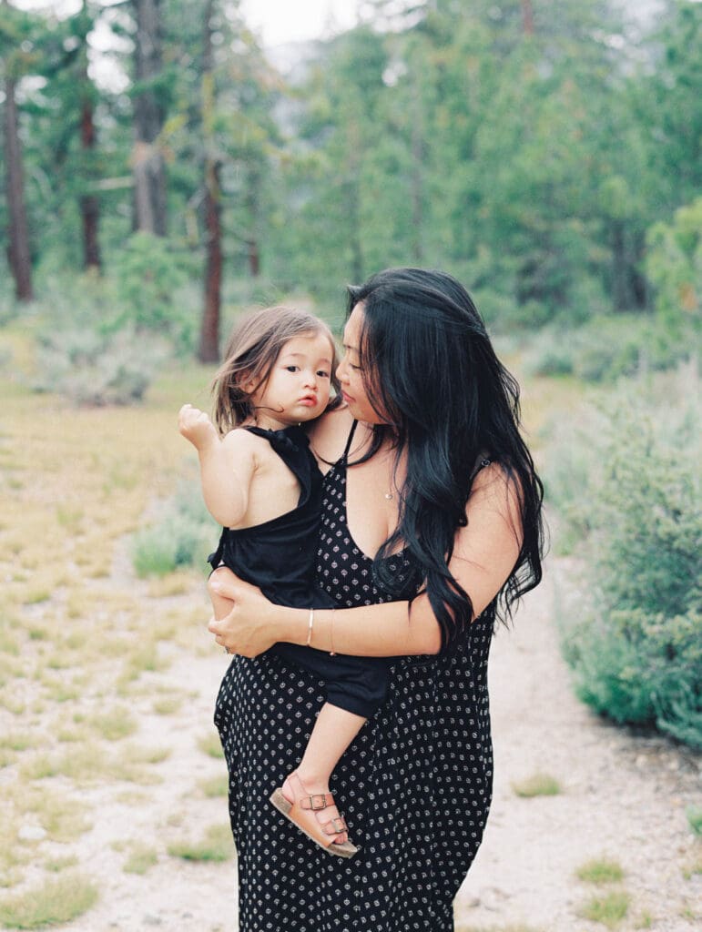 Mother daughter family photo session in Tahoe woods by Lake Tahoe film family photographer 