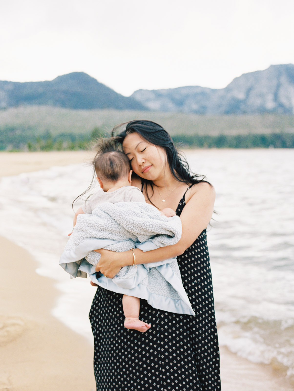 Mother and son on the beach in Lake Tahoe