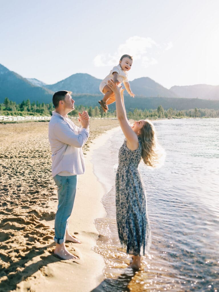 A family enjoys a memorable photo session at Lake Tahoe, surrounded by stunning natural scenery and smiles.