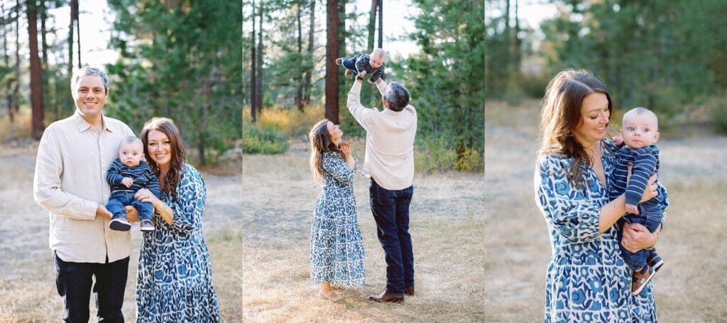 A family of three poses together in a lush field surrounded by trees during their Lake Tahoe photo session.