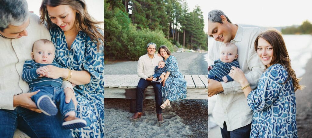 A joyful family poses on the Lake Tahoe beach, creating memories with their baby during a sunset.