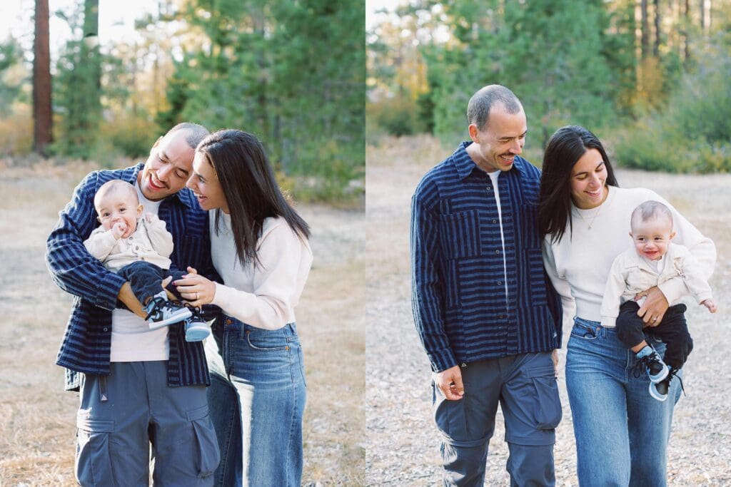 A family of three poses together in a lush field surrounded by trees during their Lake Tahoe photo session.