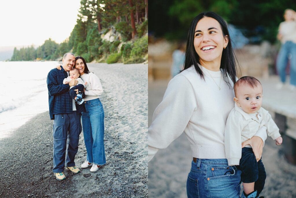 A joyful family poses on the Lake Tahoe beach, creating memories with their baby during a sunset.