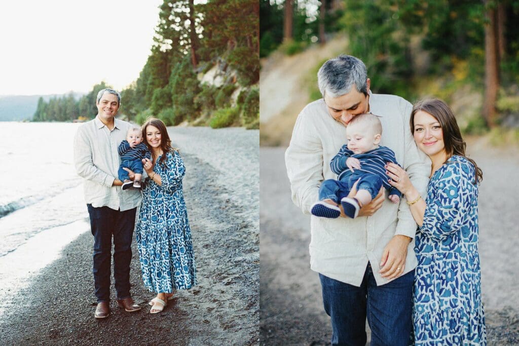 A joyful family poses on the Lake Tahoe beach, creating memories with their baby during a sunset.